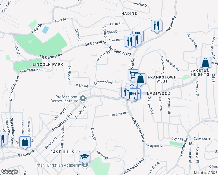 map of restaurants, bars, coffee shops, grocery stores, and more near 8962 Eastwood Road in Pittsburgh