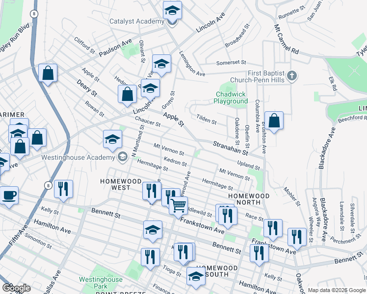 map of restaurants, bars, coffee shops, grocery stores, and more near 7137 Upland Street in Pittsburgh