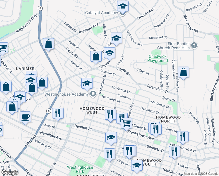 map of restaurants, bars, coffee shops, grocery stores, and more near 7013 Mount Vernon Street in Pittsburgh