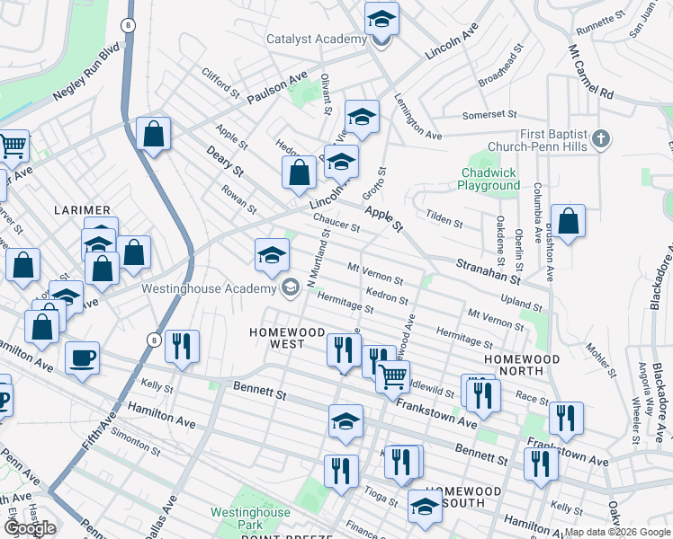 map of restaurants, bars, coffee shops, grocery stores, and more near 7013 Mount Vernon Street in Pittsburgh