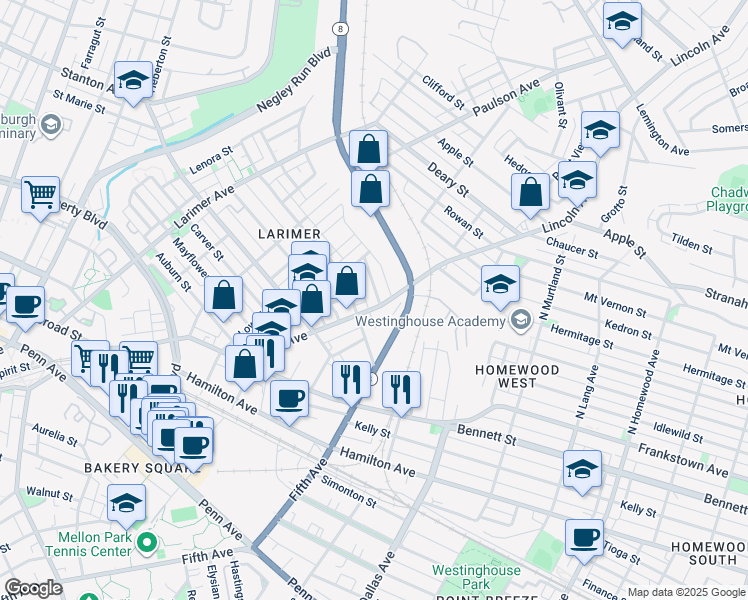 map of restaurants, bars, coffee shops, grocery stores, and more near 352 Renfrew Street in Pittsburgh