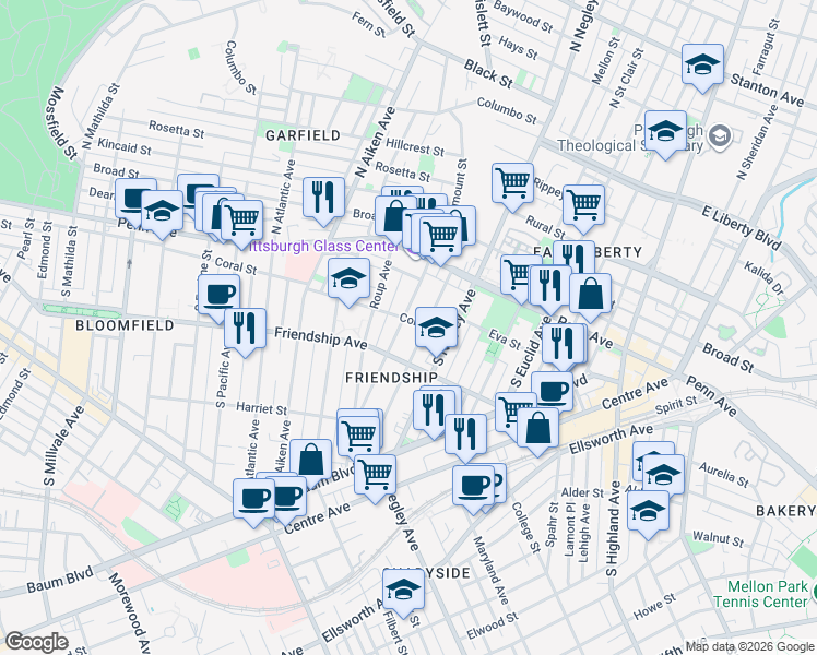map of restaurants, bars, coffee shops, grocery stores, and more near 160 South Fairmount Street in Pittsburgh