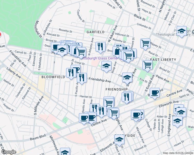 map of restaurants, bars, coffee shops, grocery stores, and more near 214 South Graham Street in Pittsburgh