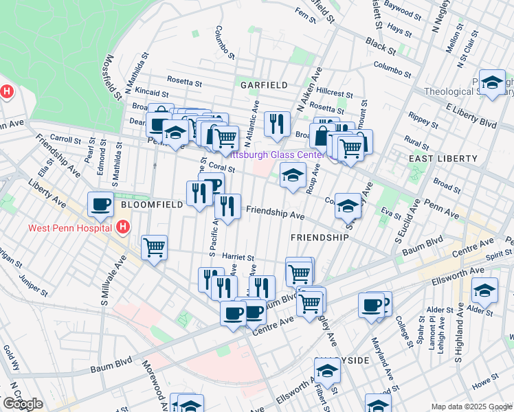 map of restaurants, bars, coffee shops, grocery stores, and more near 230 South Aiken Avenue in Pittsburgh