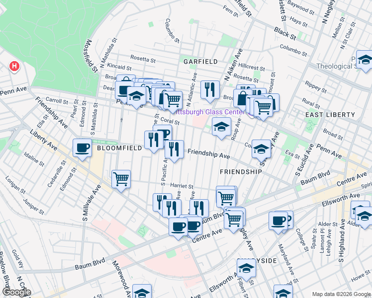 map of restaurants, bars, coffee shops, grocery stores, and more near 230 South Aiken Avenue in Pittsburgh