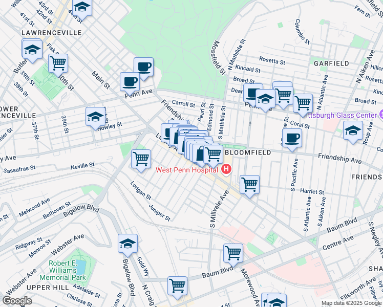map of restaurants, bars, coffee shops, grocery stores, and more near 214 Cedarville Street in Pittsburgh