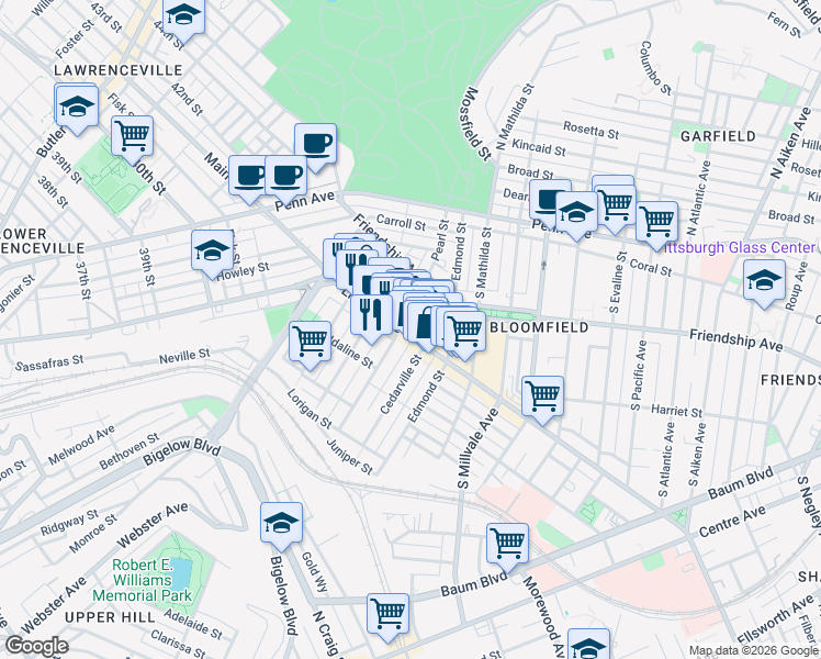 map of restaurants, bars, coffee shops, grocery stores, and more near 4623 Liberty Avenue in Pittsburgh