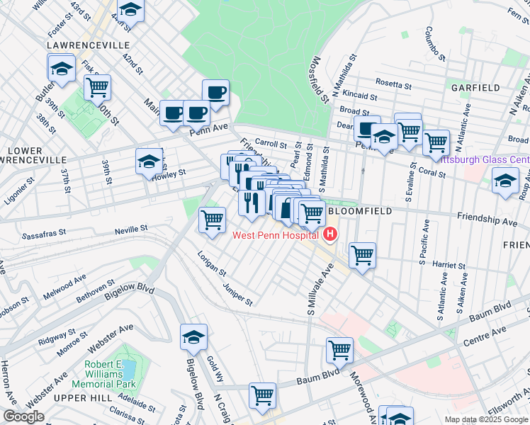 map of restaurants, bars, coffee shops, grocery stores, and more near 4623 Liberty Avenue in Pittsburgh