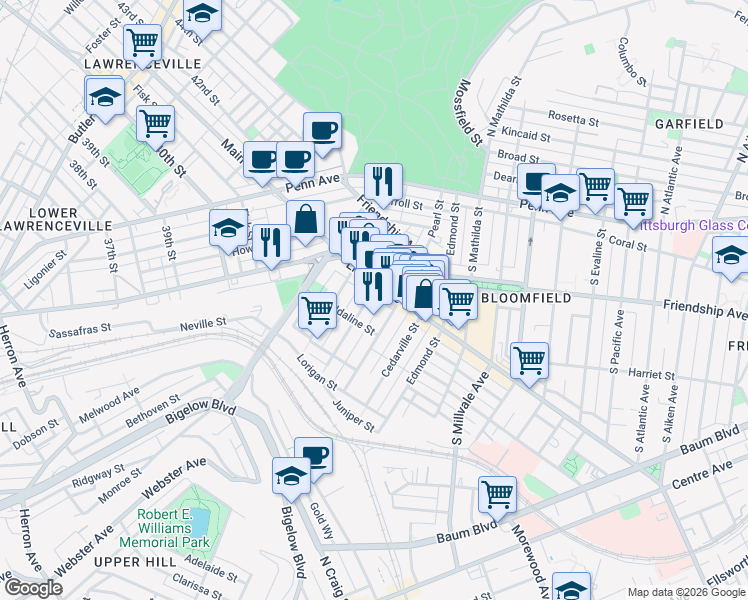map of restaurants, bars, coffee shops, grocery stores, and more near 4518 Liberty Avenue in Pittsburgh