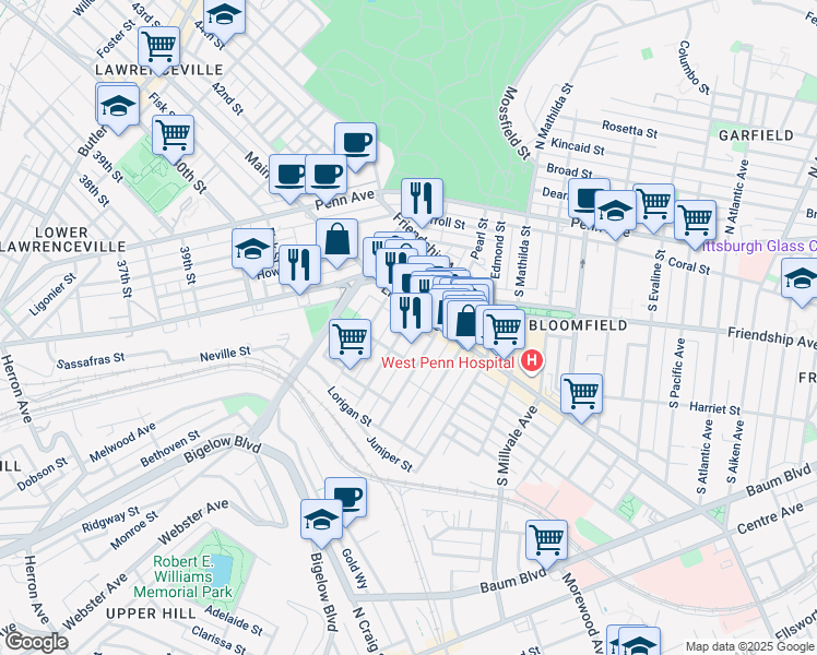 map of restaurants, bars, coffee shops, grocery stores, and more near 4518 Liberty Avenue in Pittsburgh