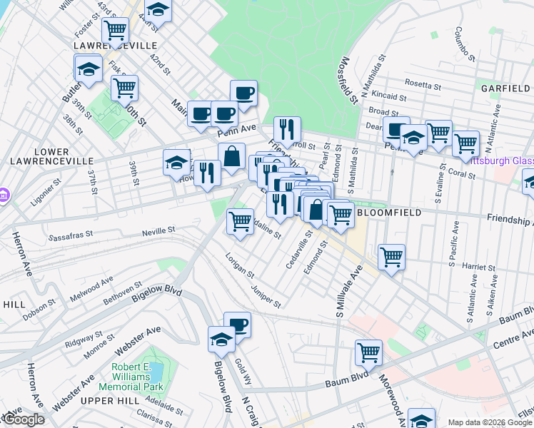map of restaurants, bars, coffee shops, grocery stores, and more near 4518 Liberty Avenue in Pittsburgh