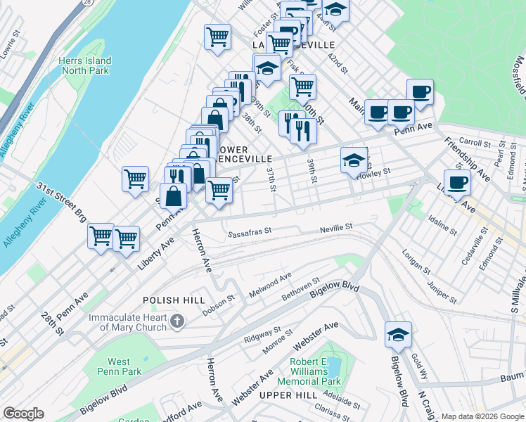 map of restaurants, bars, coffee shops, grocery stores, and more near 3623 Liberty Avenue in Pittsburgh