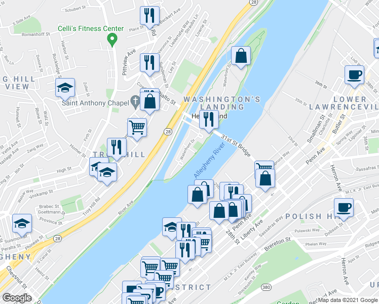map of restaurants, bars, coffee shops, grocery stores, and more near 14 Waterfront Drive in Pittsburgh