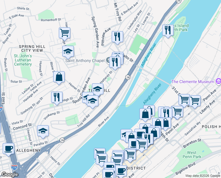 map of restaurants, bars, coffee shops, grocery stores, and more near 1603 Lowrie Street in Pittsburgh