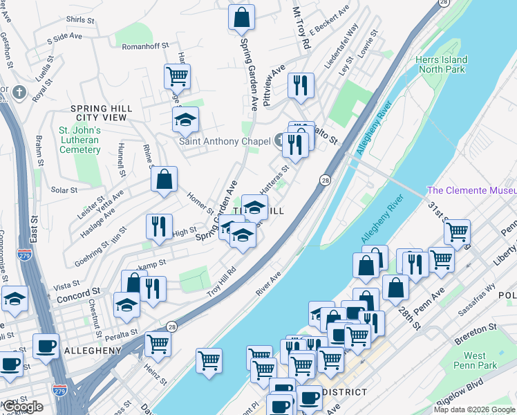 map of restaurants, bars, coffee shops, grocery stores, and more near in Pittsburgh