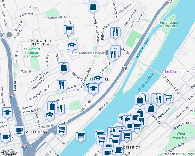 map of restaurants, bars, coffee shops, grocery stores, and more near 1511 Gardner Street in Pittsburgh