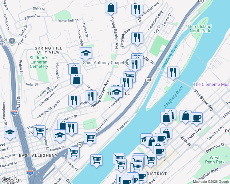 map of restaurants, bars, coffee shops, grocery stores, and more near 1511 Gardner Street in Pittsburgh
