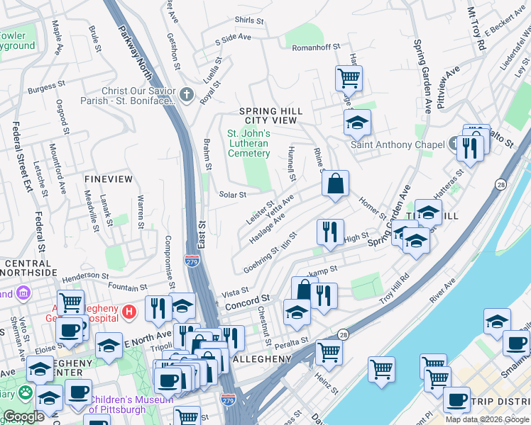 map of restaurants, bars, coffee shops, grocery stores, and more near 52 Leister Street in Pittsburgh