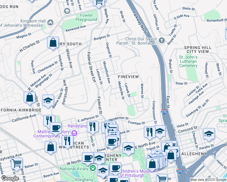 map of restaurants, bars, coffee shops, grocery stores, and more near 1909 Belleau Street in Pittsburgh