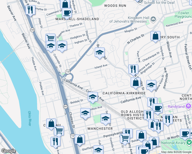 map of restaurants, bars, coffee shops, grocery stores, and more near 1126 Colfax Street in Pittsburgh
