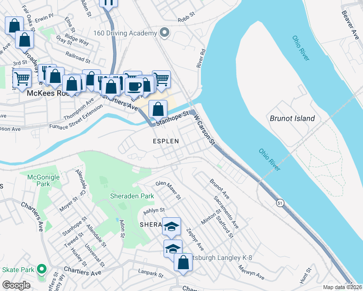 map of restaurants, bars, coffee shops, grocery stores, and more near 3332 Oregon Street in Pittsburgh