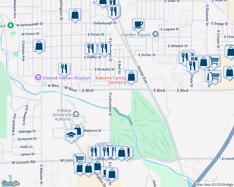 map of restaurants, bars, coffee shops, grocery stores, and more near 501 East Boulevard in Kokomo