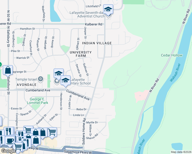 map of restaurants, bars, coffee shops, grocery stores, and more near 3126 Soldiers Home Road in West Lafayette