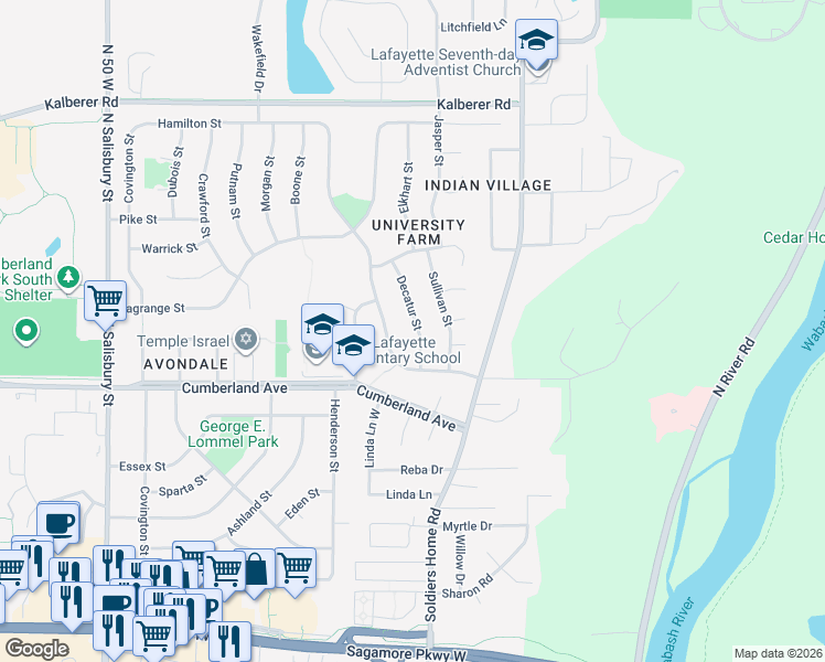 map of restaurants, bars, coffee shops, grocery stores, and more near 3051 Decatur St in West Lafayette