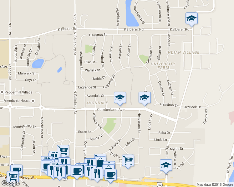 map of restaurants, bars, coffee shops, grocery stores, and more near 140 Vigo Court in West Lafayette