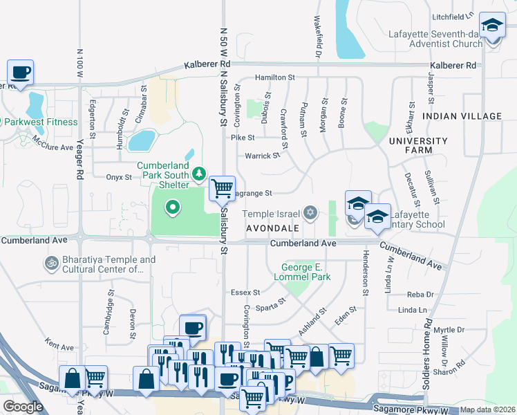 map of restaurants, bars, coffee shops, grocery stores, and more near 829 Lagrange Street in West Lafayette
