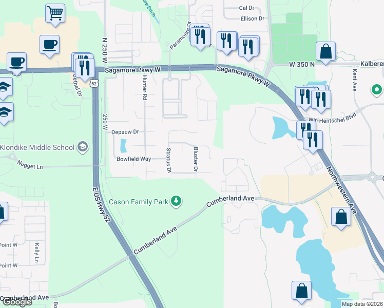 map of restaurants, bars, coffee shops, grocery stores, and more near 3149 Cirrus Court in West Lafayette