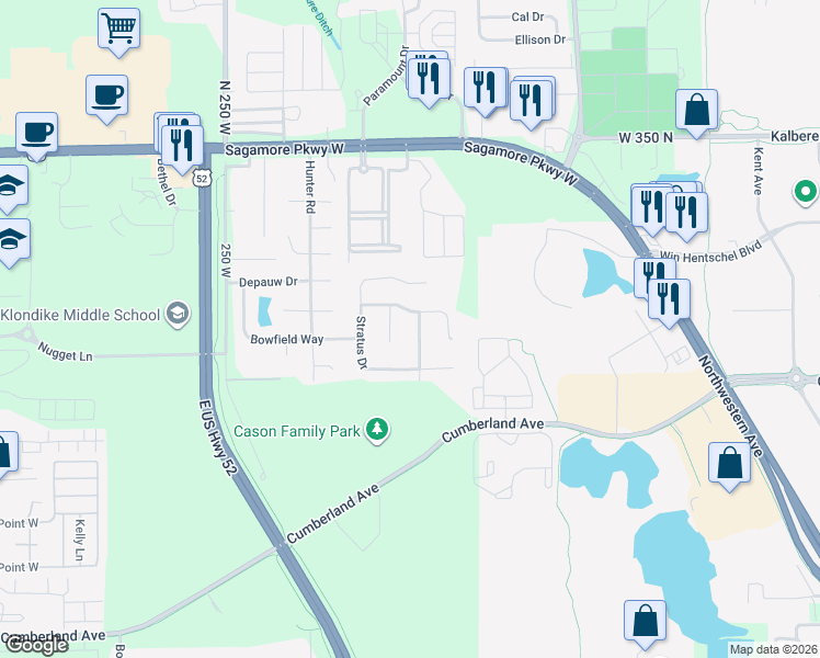 map of restaurants, bars, coffee shops, grocery stores, and more near 3149 Cirrus Court in West Lafayette