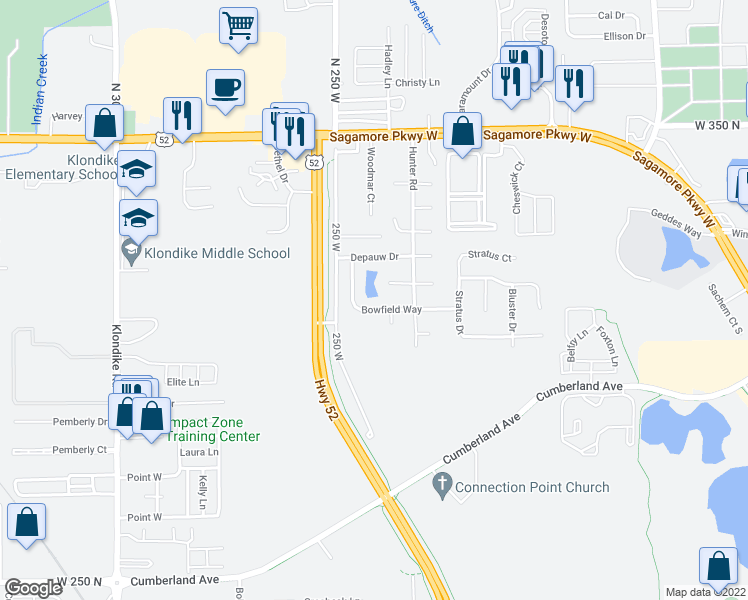 map of restaurants, bars, coffee shops, grocery stores, and more near 2417 Temple Court West in West Lafayette