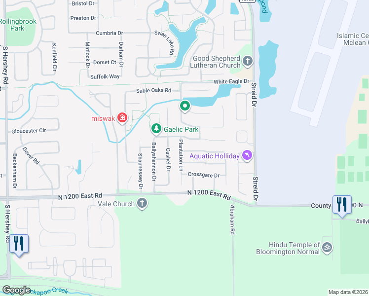 map of restaurants, bars, coffee shops, grocery stores, and more near 1302 Plantation Lane in Bloomington