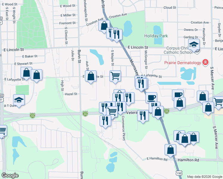 map of restaurants, bars, coffee shops, grocery stores, and more near 1312 Beverly Lane in Bloomington