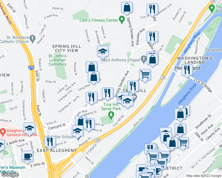map of restaurants, bars, coffee shops, grocery stores, and more near Homer St & Firth St in Pittsburgh