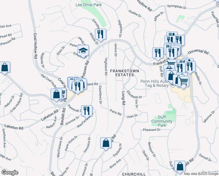 map of restaurants, bars, coffee shops, grocery stores, and more near 301 Highland Road in Pittsburgh