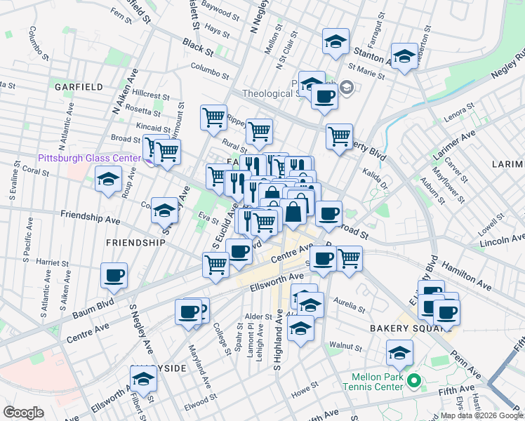 map of restaurants, bars, coffee shops, grocery stores, and more near 5910 Kirkwood Street in Pittsburgh