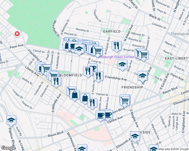 map of restaurants, bars, coffee shops, grocery stores, and more near Friendship Ave & S Pacific Ave in Pittsburgh