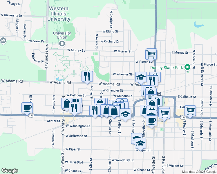 map of restaurants, bars, coffee shops, grocery stores, and more near 334 North Charles Street in Macomb