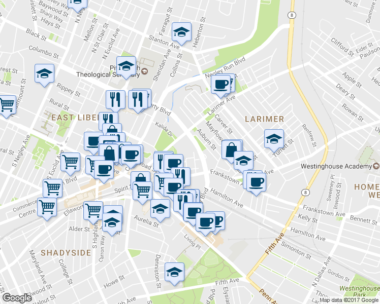 map of restaurants, bars, coffee shops, grocery stores, and more near 468 Enright Court in Pittsburgh