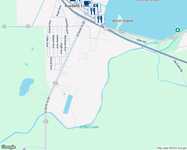 map of restaurants, bars, coffee shops, grocery stores, and more near 601 Lincoln Boulevard in Russells Point