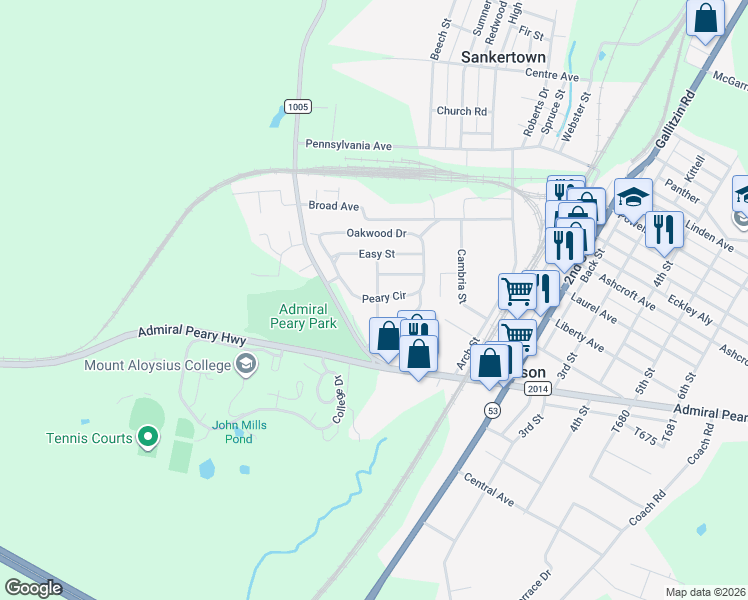 map of restaurants, bars, coffee shops, grocery stores, and more near 201-299 Peary Circle in Cresson