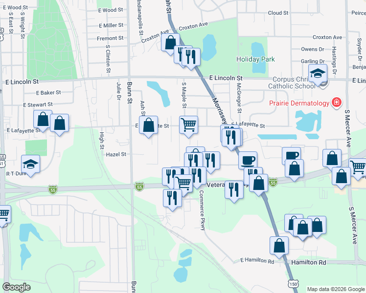 map of restaurants, bars, coffee shops, grocery stores, and more near 1312 Beverly Lane in Bloomington