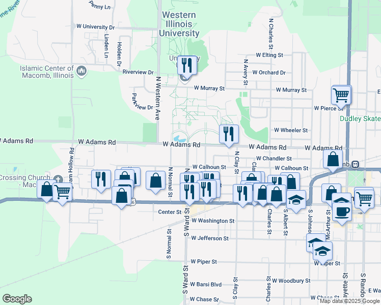 map of restaurants, bars, coffee shops, grocery stores, and more near 323 North Ward Street in Macomb