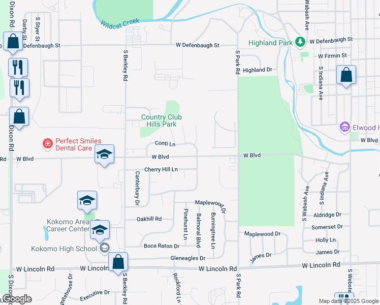 map of restaurants, bars, coffee shops, grocery stores, and more near 1404 West Boulevard in Kokomo