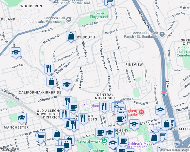 map of restaurants, bars, coffee shops, grocery stores, and more near 1901 University Avenue in Pittsburgh