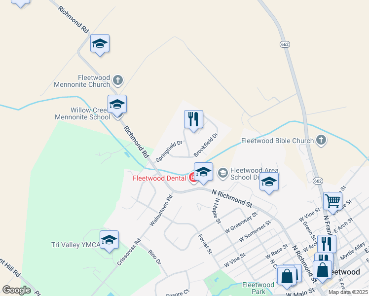 map of restaurants, bars, coffee shops, grocery stores, and more near 53 Brookfield Drive in Fleetwood