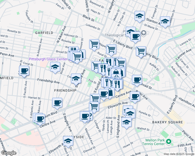 map of restaurants, bars, coffee shops, grocery stores, and more near 5704 Penn Avenue in Pittsburgh