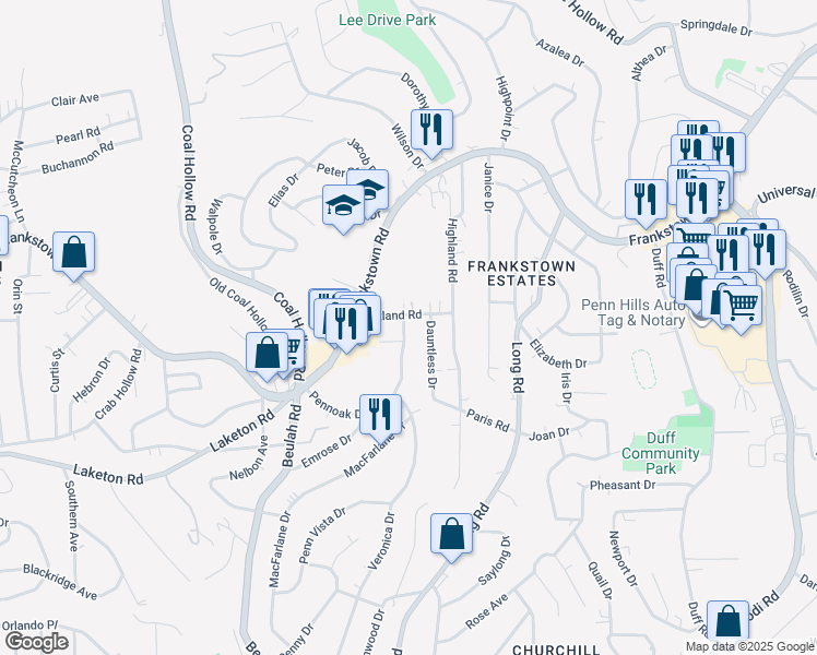 map of restaurants, bars, coffee shops, grocery stores, and more near 354 Pennoak Drive in Pittsburgh